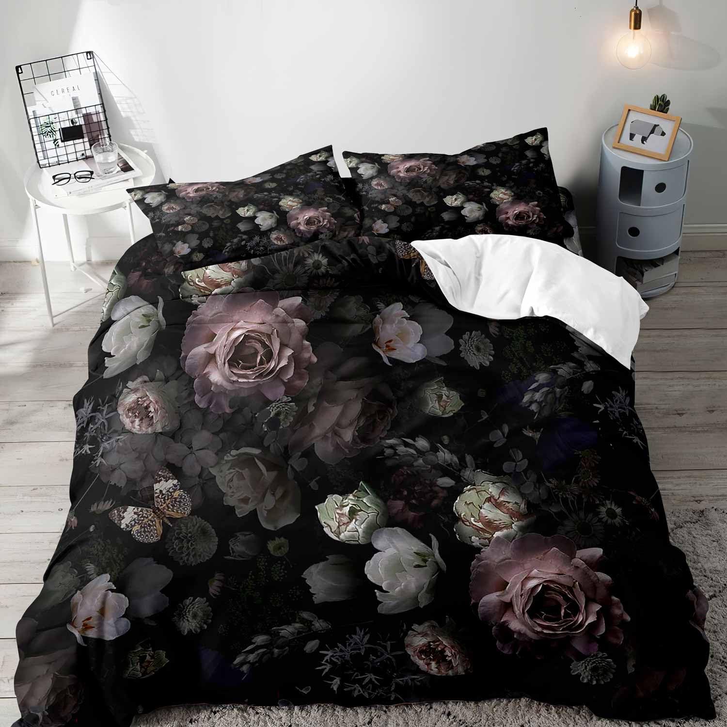 Aesthetic Floral Duvet Cover - Funda nórdica Floral negra, juego de