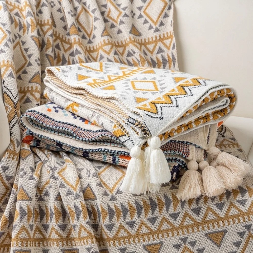 Boho Throw Blanket Fringe - Mantas Vintage de Punto Grueso Estilo