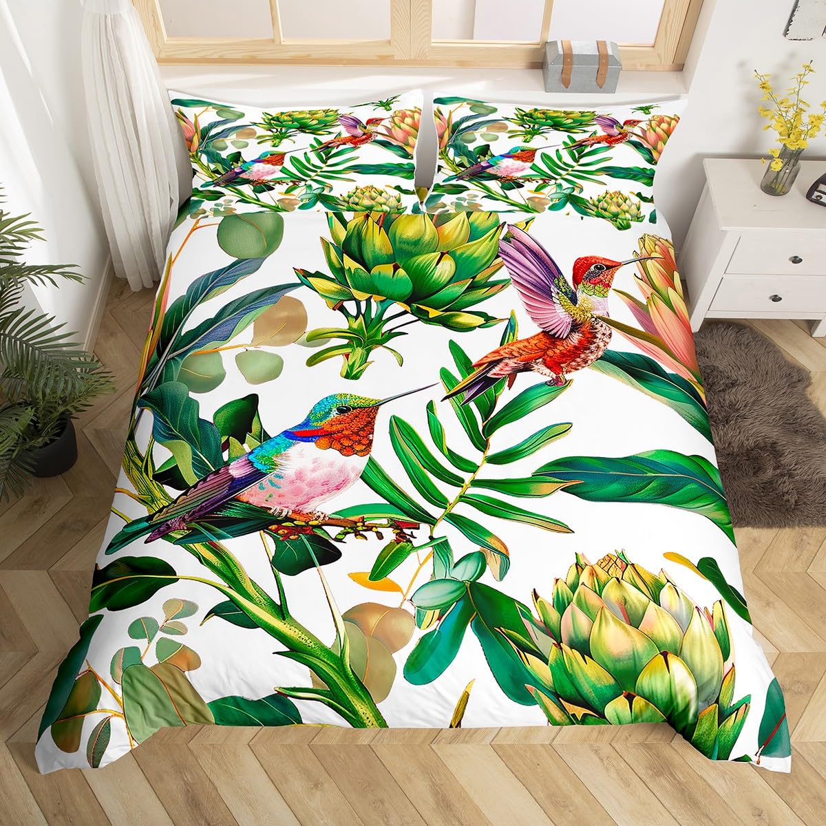 Aesthetic Floral Duvet Cover - Juego de cama de colibrí, funda