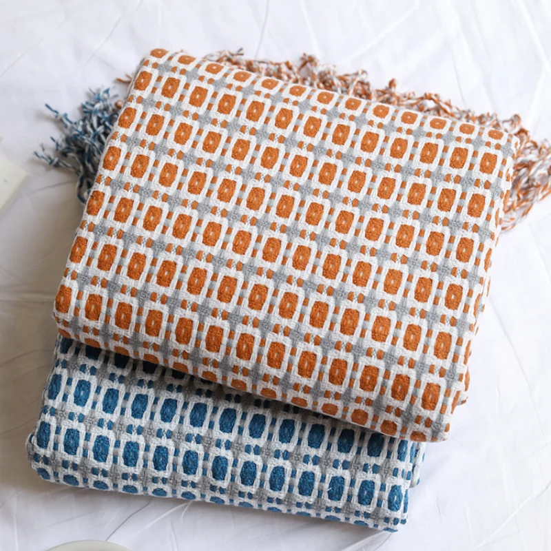 Boho Throw Blanket Fringe - Manta Tejida Jacquard con Patrón Geométrico,