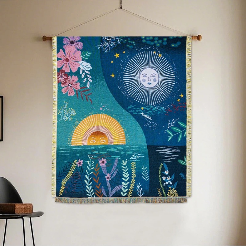 Boho Throw Blanket Fringe - Tapiz Tejido con Diseño de Sol,