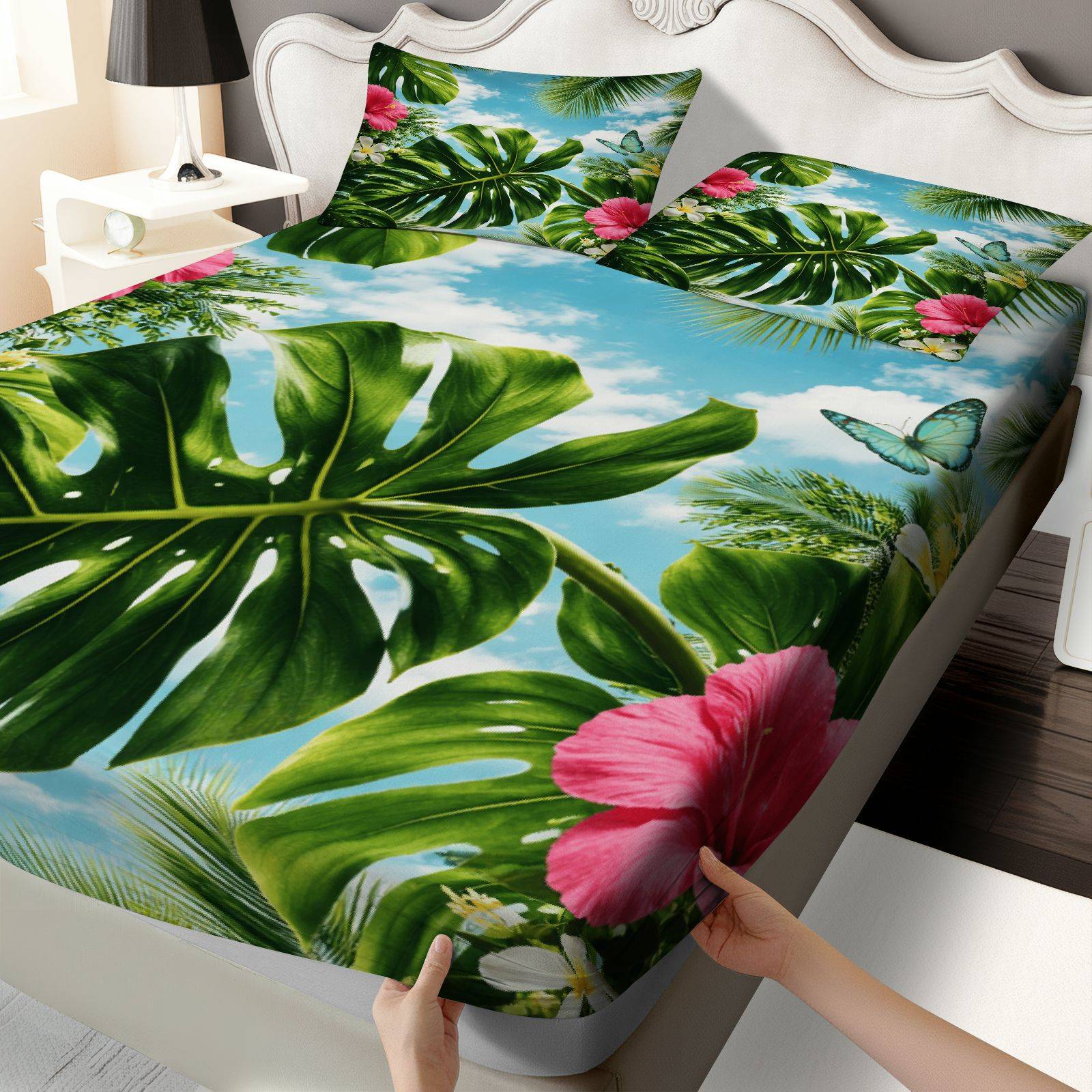 Fitted Bed Sheets Deep Pocket - Juego de Sábanas de Hibisco Tropical,